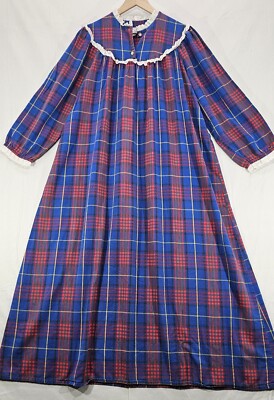 Vintage Lanz of Salzburg Womens Flannel Nightgown Size M Red Blue Plaid  Long USA
