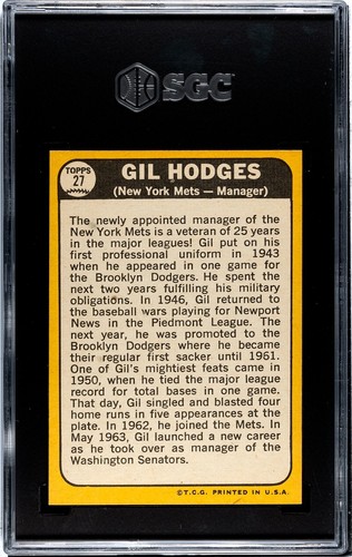 1968 Topps #27 GIL HODGES SGC 8 NM-MT * HOF * PREMIUM CARD - Picture 2 of 2
