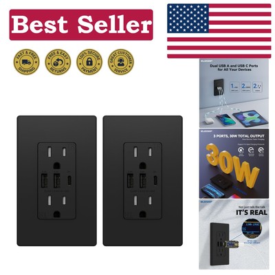 Tamper-Resistant USB C Wall Outlet - High Efficiency 30W, 2-Pack Matte Black