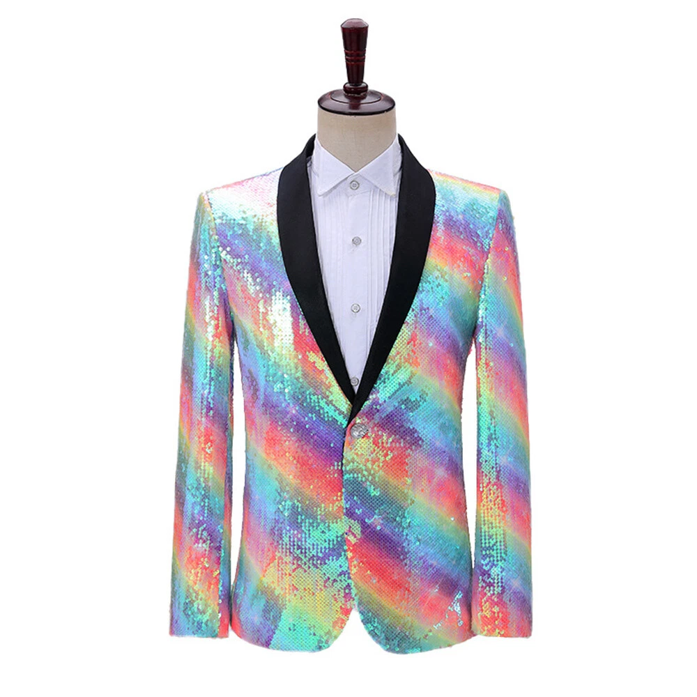 Men Suit Blazer Rainbow Glitter Sequin Jacket Dress Party Dance Costume  Slim Fit