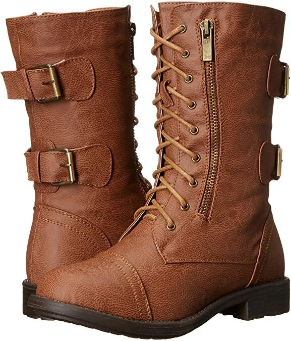 Botas de combate femininas Top Moda couro sintético meia panturrilha | Cadarço, fivela de destaque - Imagem 3 de 4