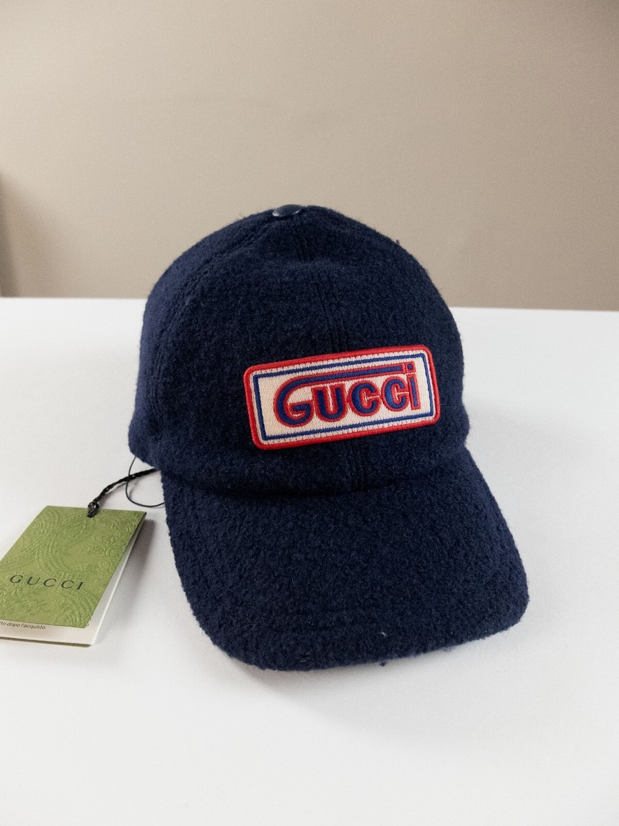 GUCCI navy blue logo patch felted wool baseball cap Size