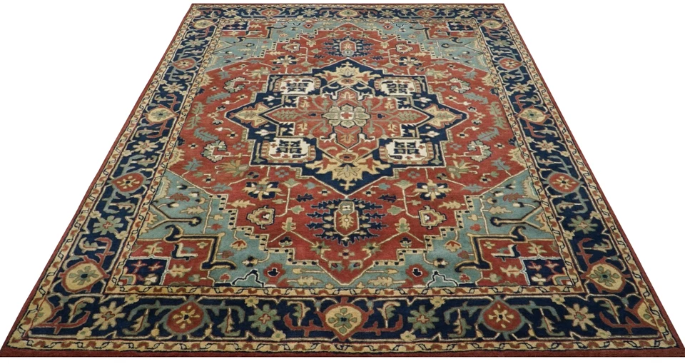 100% 羊毛地毯|手工塔夫特传统塞拉皮红色蓝色小地毯 | 可定制 — 第 2/4 张图片