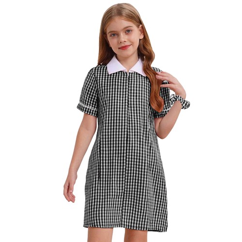 Kids Girls Plaid School Uniform Playsuit Short Sleeve Turn-Down Collar Jumpsuit - Picture 83 of 107