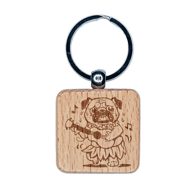 Luau Hawaiian Hula Pug with Ukulele Engraved Wood Square Keychain Tag Charm