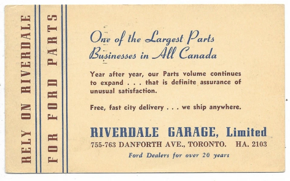 Riverdale Garage Toronto Ontario Advertising Stationary Post Card Circa 1941 - Image 3 of 3