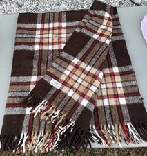 Vintage Faribo Fluff Loomed Wool Blanket Throw Brown Tan Red Plaid 50" x 51"