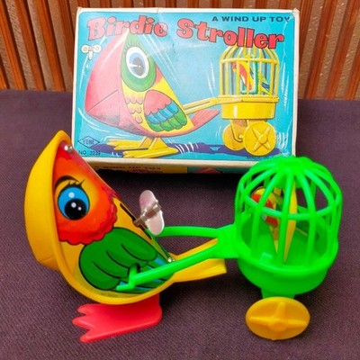 Yonezawa Birdie Stroller Wind-Up Tin Toy Bird Cage Cart Vintage Japan Box