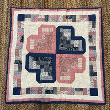 Hand Sewn Blue and Pink Heart Wall Hanging Quilted Patchwork