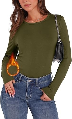 Camiseta lisa de manga larga para mujer Camiseta elástica básica informal cuello redondo 8-26