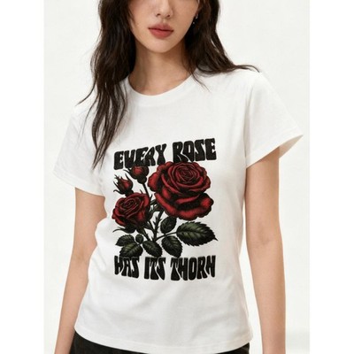 Women's Every Rose Has Its Thorn Graphic T-Shirt Vintage Rose Short Sleeve Tee