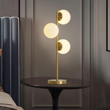 Mid Century Modern 3-Globe Table Lamp with White Glass Shade  Gold Base
