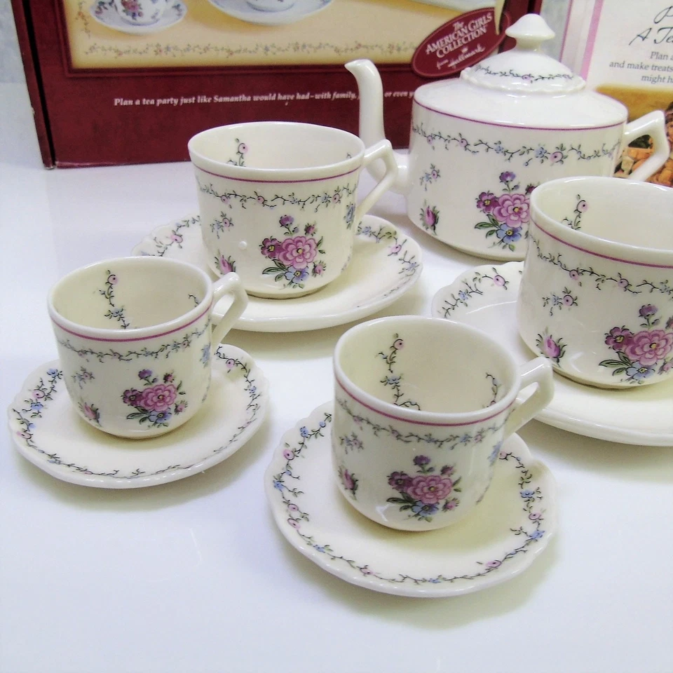 American Girl SAMANTHA TEA SET Teapot Cups Saucers Sugar Bowl Creamer Plate Box! - Image 4 of 4