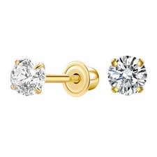 14K Yellow Gold Round Cubic Zirconia Stud Earrings, Classic Solitaire Design ...