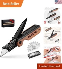 Multipurpose Folding Knife & Box Cutter with Belt Clip - 10 SK5 Blades Included