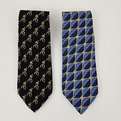 Robert Talbott Best of Class Lot of 2 100% Silk Neck Ties Patterned Blue Black