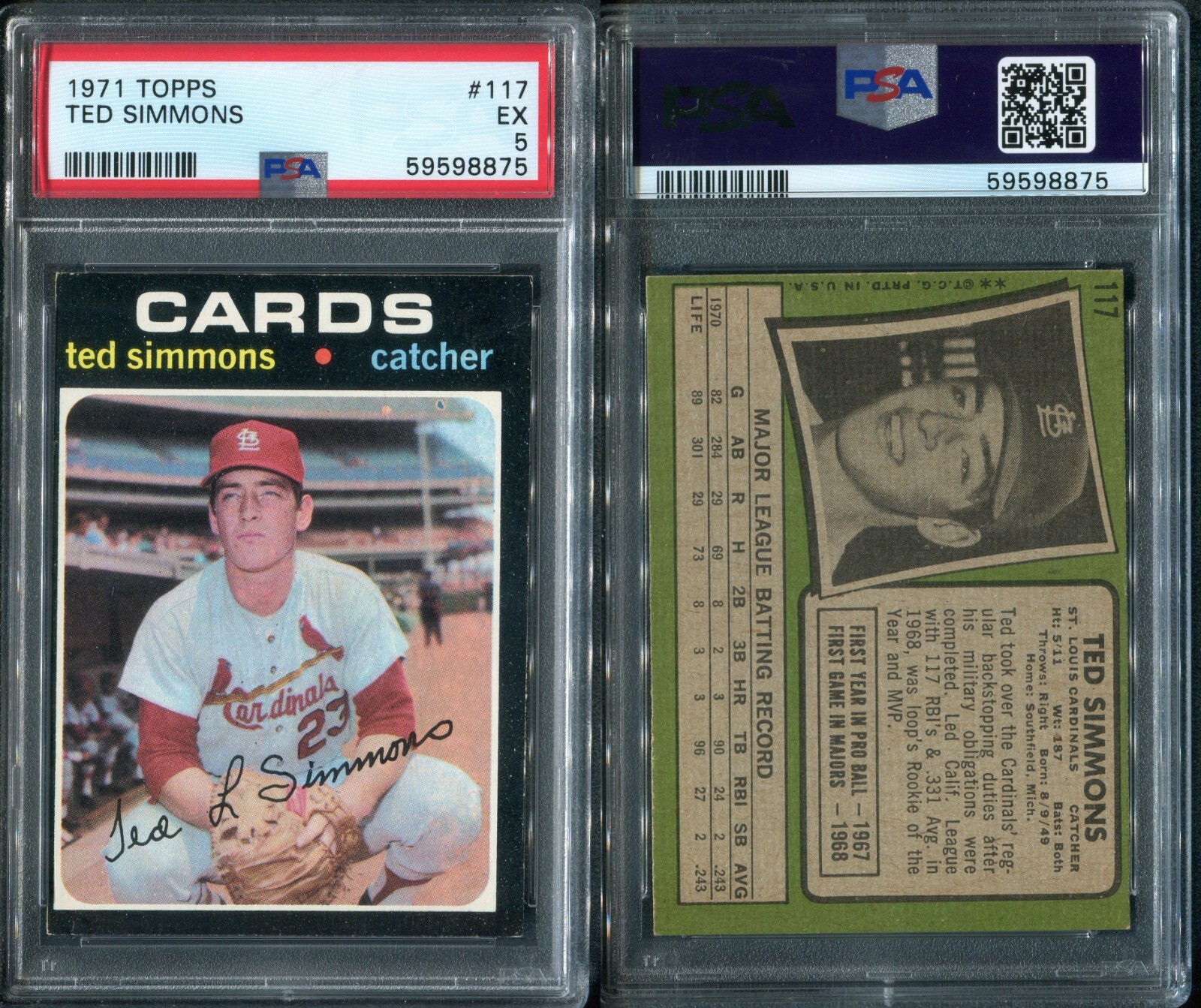 PSA 5 1971 Topps #117 Ted Simmons RC St. Louis Cardinals G00 4515