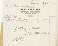 U.S. D. H. Marsters Oregon 1915 Plumbing & Metal Work Pipe Paid Invoice Rf 41772