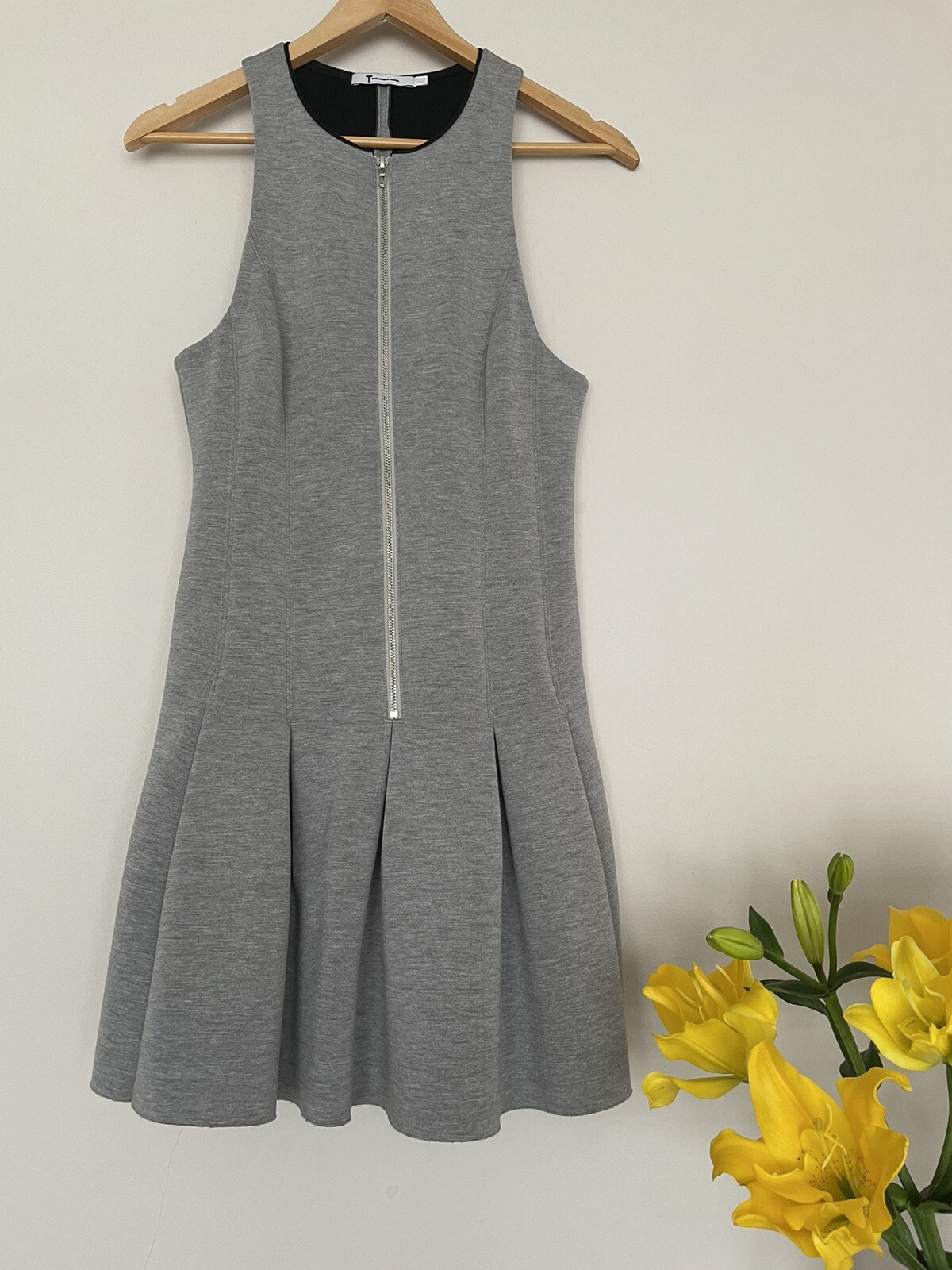 T by Alexander Wang Grey Scuba Front Zip Pleated Neoprene Dress Size M Pinafore