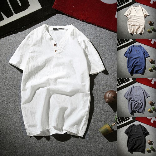 Men Henley Neck Plain Loose T-Shirt Short Sleeve Casual Summer Grandad Shirts ✔ - Picture 12 of 19