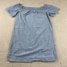 J Crew Dress Women Size 4 Blue Chambray Off The Shoulder Smocked Pullover Casual