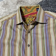 Robert Graham Shirt Men Large Brown Striped Flip Cuff Colorful Button Dress Dad