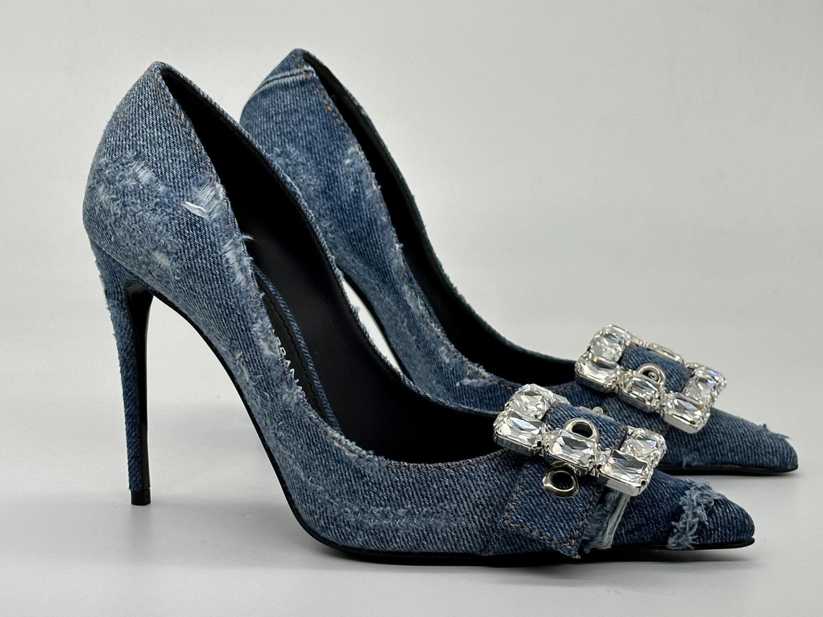 Dolce & Gabbana Distressed Patchwork Denim Crystal Jewel