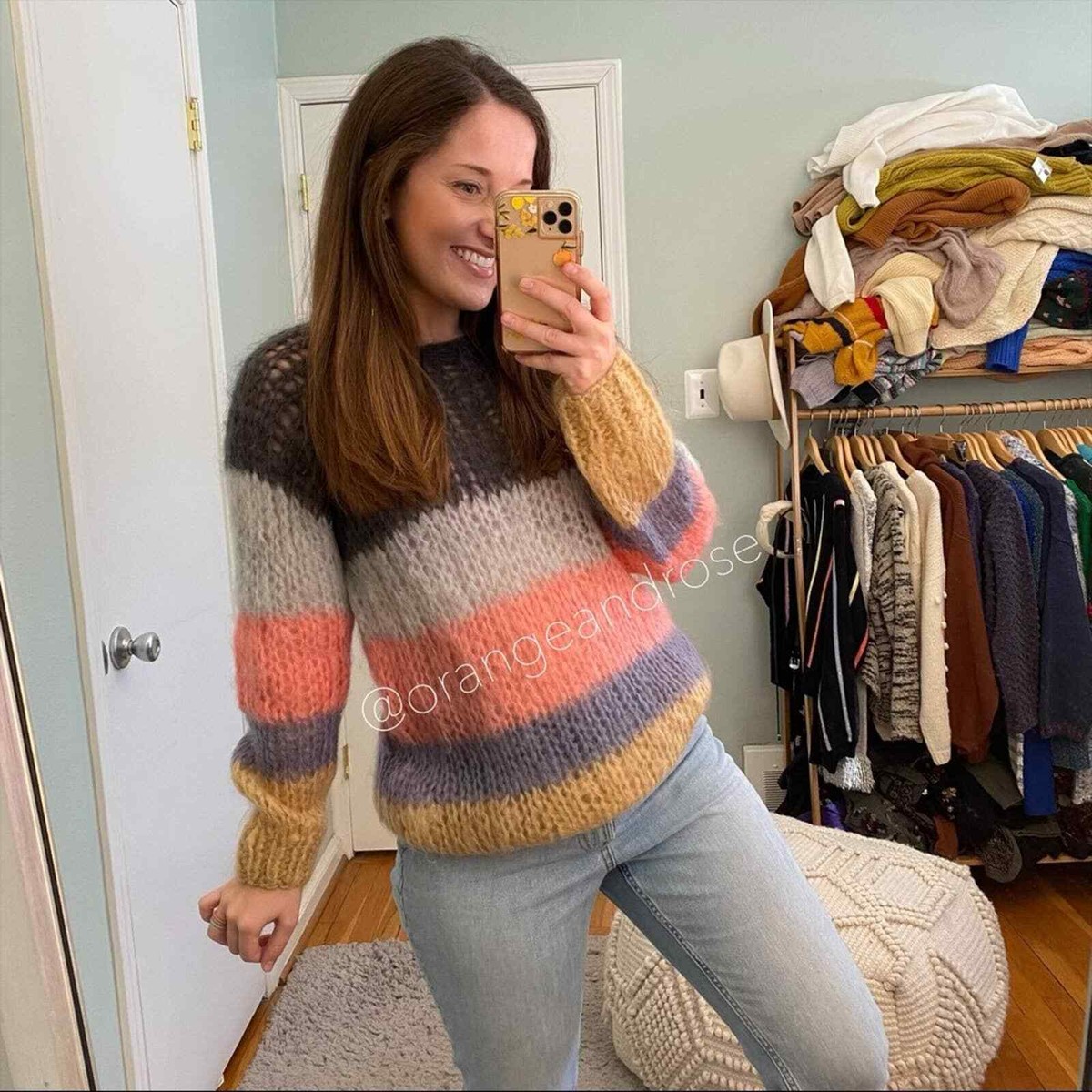 Maiami Basic Gray Blue Pink Color Block Open Knit Hand Knit Mohair