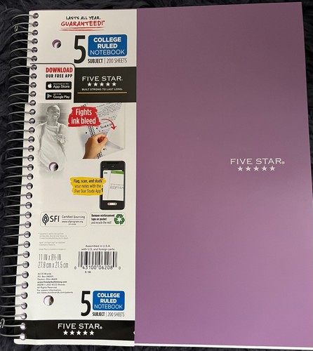 NEW Mead Five Star 5-Subject Notebook 8" x 10.5" 200 Sheets - Picture 10 of 11