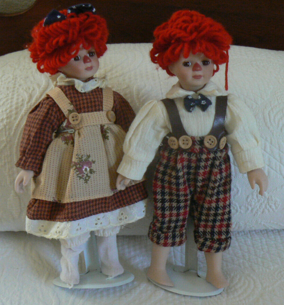Seymour Mann Porcelain Raggedy Ann&Andy w/Stands,Connoisseur Doll Collection 11