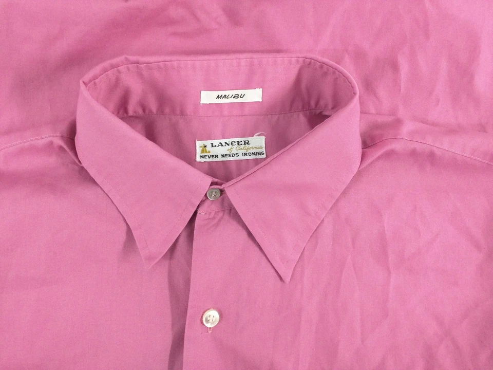 Винтажная мужская розовая рубашка 1970-х Lancer California с длинным рукавом и откидными манжетами размер XL - Изображение 4 из 4