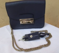 FURLA Navy Blue Saffiano Pebbled Leather Mini Julia Chain Crossbody Bag w/Key