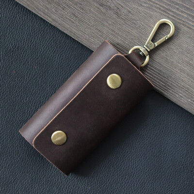LEATHER Car Key Chain Ring Keys Holder Pouch Case Wallet Organizer Bag Coffee