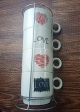 Stackable 11 oz Coffee Cups With Stand Love Designs - Set of 4 White 
