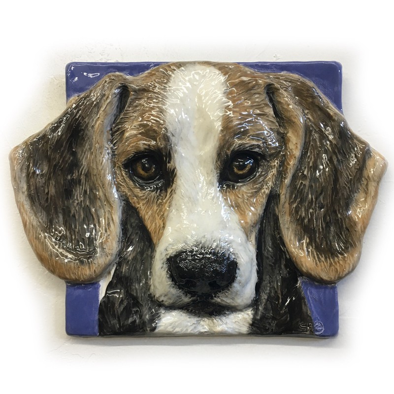 Beagle Dog Ceramic Portrait bas-relief 3D tile handmade In Stock Alexander Art