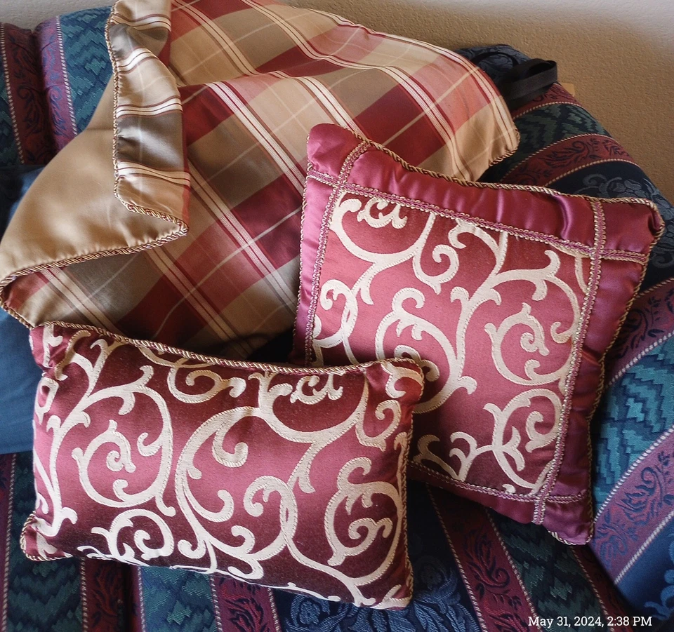 Лот 3 декоративная подушка красное золото клетку и завитки 26» Евро 11 x 18» поясничный 16» квадратный - Изображение 4 из 4