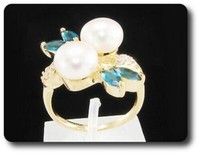 Ring Mit Perle & Blauem Saphir 2X8 Mm Vergoldet 18 K.