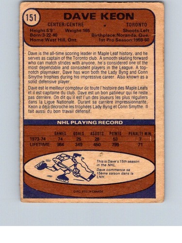 VINTAGE HOCKEY CARD O-PEE-CHEE 1974 TORONTO MAPLE LEAFS DAVE KEON NO445 - Picture 2 of 2