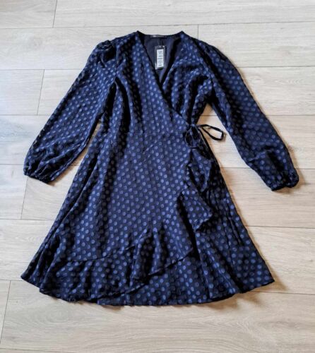 M&S Navy Blue Sheer Applique Spotted Wrap Dress Frilled Occasion Wedding UK12 - Picture 1 of 21