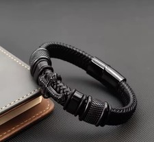 Men's black braided leather bracelet, cross charm, magnetic cla 21.5cm