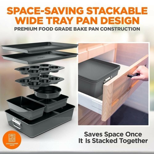 NutriChef 8pcs. Durable Bakeware Set Carbon Steel Non-Stick Coating (Gray) - Picture 5 of 7