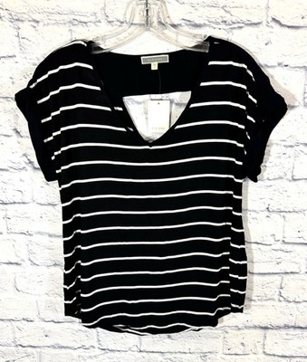 New Pleione Women's Small Top V-Neck Keyhole Striped Black