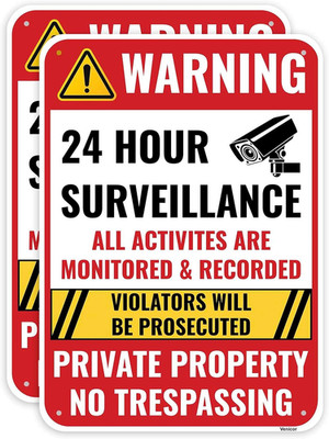 2PC 24 Hour Surveillance Sign, 14 X 10 Inches - Aluminum - Private Property No T