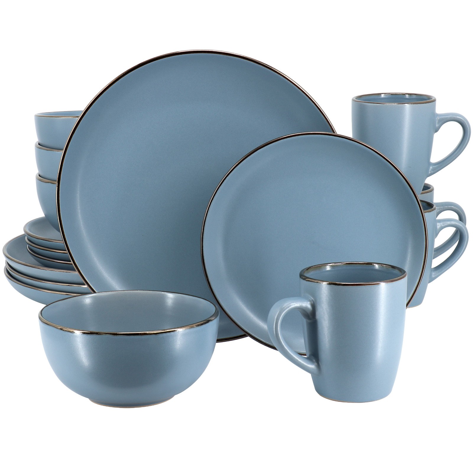 Gibson Home Rockaway 16 Piece Stoneware Metallic Rim Dinnerware Set Matte Blue