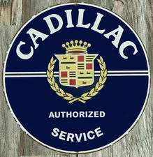 Cadillac Authorized Service 8" Diameter Vintage Novelty Metal Sign Made In USA