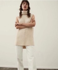 H M Women  s Oversized Sweater Vest S Ribbed Beige Knit Turtleneck Sleeveless