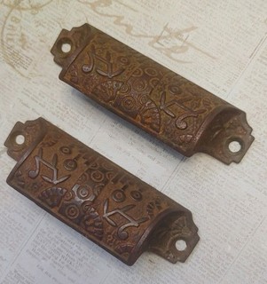 Antique Hardware Salvage Cast Iron Bin Drawer Pulls Bronze Finish Set of 2 VTG