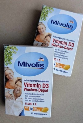 Mivolis Vitamin D3 Wochendepot 1 x pro Woche  5600 I. E 12 Kapseln für 3 Monate