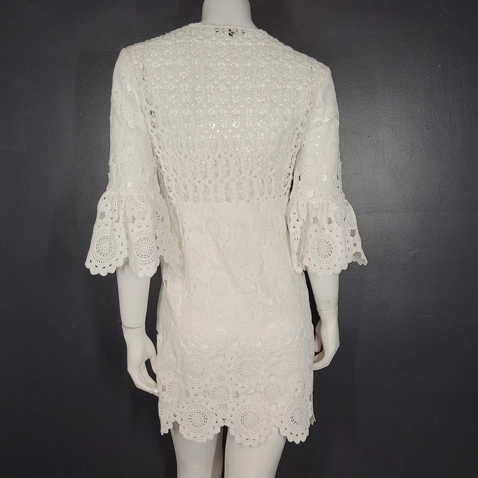 Maje Guipure Lace Short Mini Dress Flared Sleeves Crocheted White Sz S (36) - Image 3 of 4