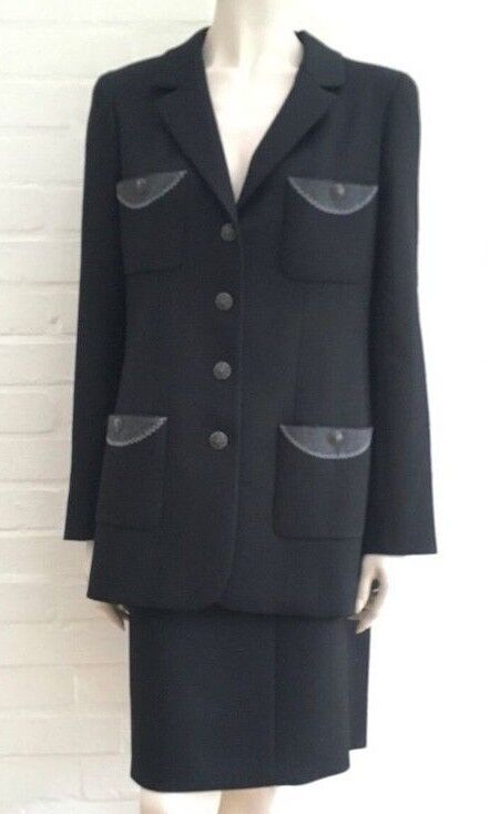 NEW Chanel SUIT Black JACKET + SKIRT Blazer Coat WOOL SILK CC Grey 36